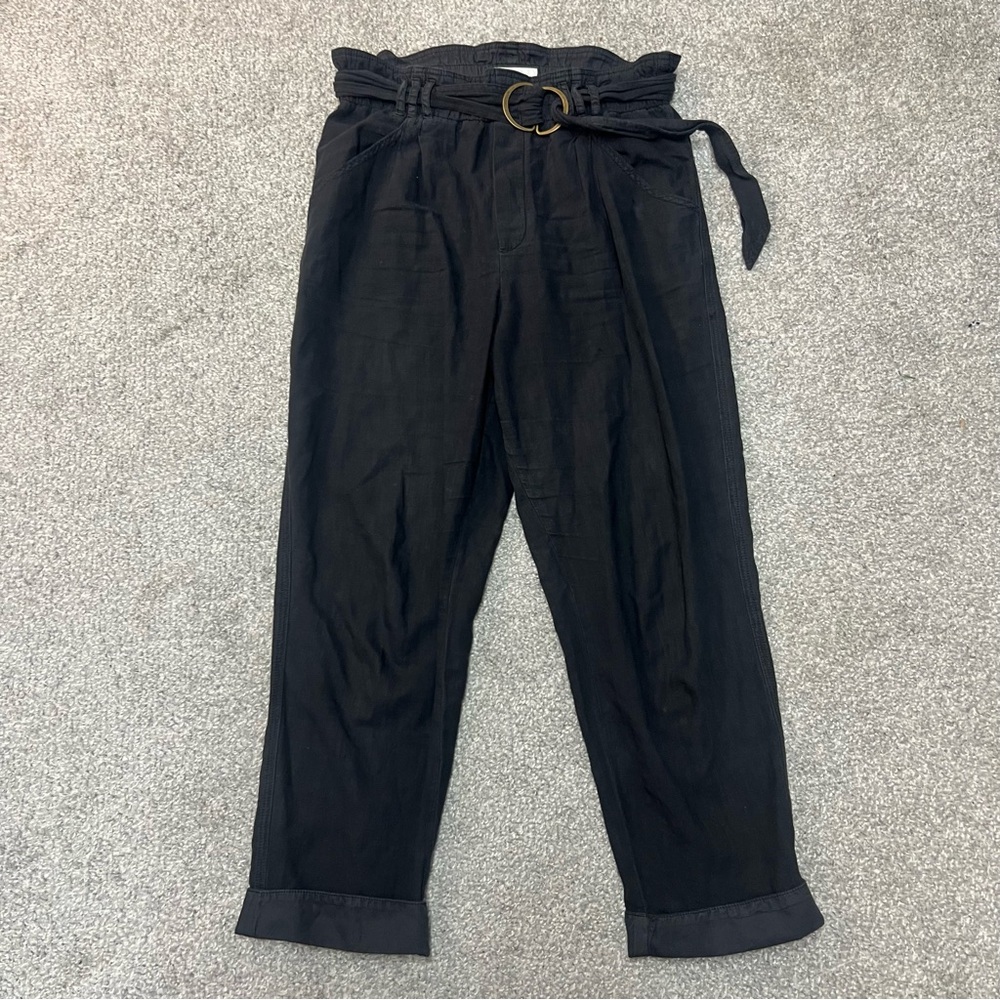 Anthropologie Pants Womens Medium Belted Roll Cuff Cotton Neutral Pleated Black
